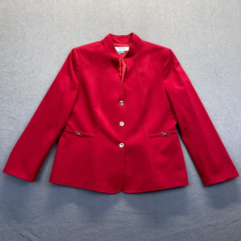 Tahari Women's Blazer Solid Red‎ Gold Buttons Long Sleeve Lined Size 18